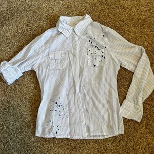 Justice white, silver, light blue pin stripe button-Up Shirt with Paint Splatter